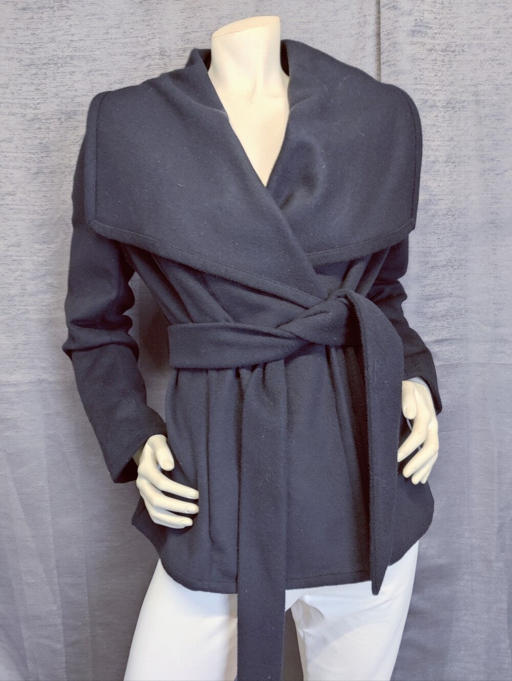 WHBM Black Wool Blend Belted Wrap Jacket Oversized Shawl Collar Sz Med